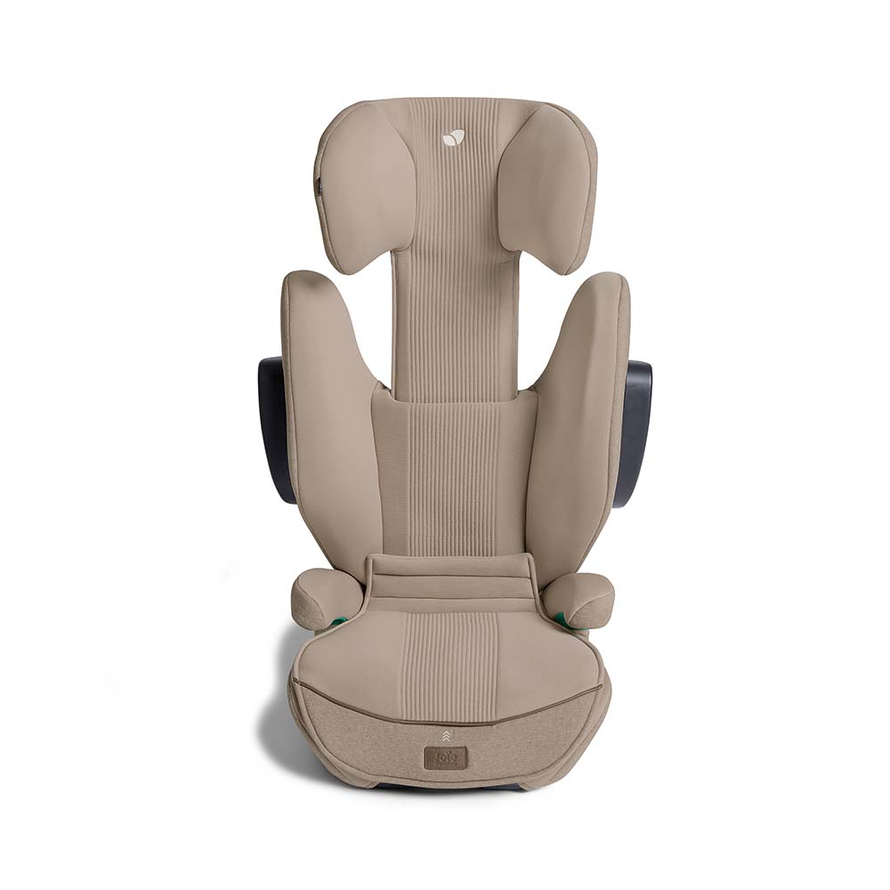 Foco no sistema de ajuste do assento AutoAdjust™ da cadeira Joie i-Traver Signature, mostrando as 3 posições de profundidade para apoio das pernas.