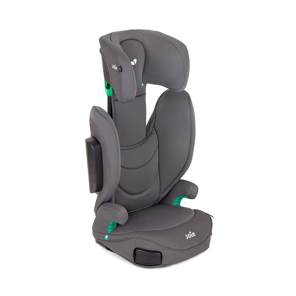 Cadeira auto Joie i-Trillo FX cinzenta, vista em ângulo, com o encosto de cabeça totalmente elevado, demonstrando o ajuste de altura para crianças mais altas.