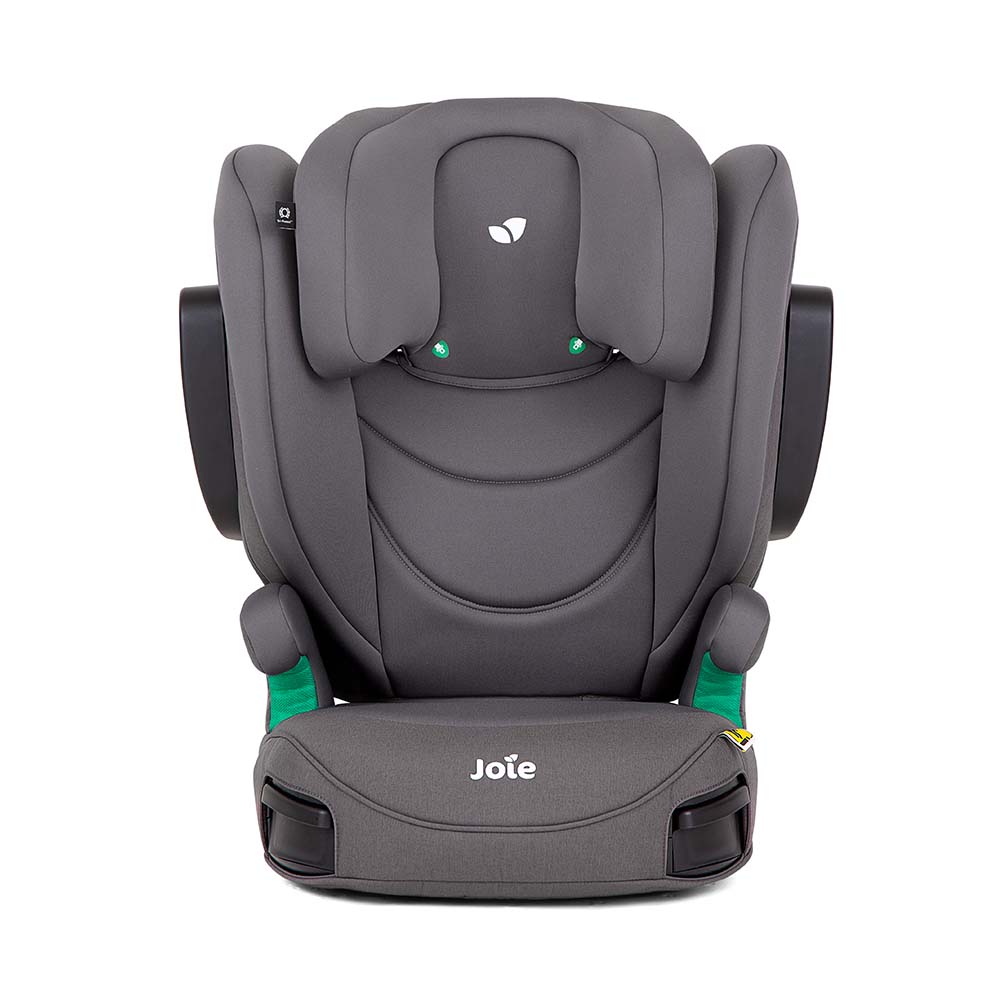 Cadeira auto Joie i-Trillo FX cinzenta, vista frontal, destacando o logótipo Joie e os detalhes de segurança laterais em verde.