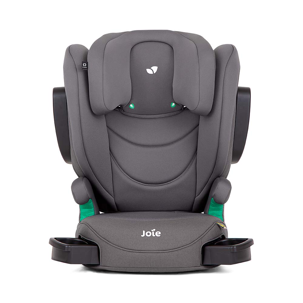 Cadeira auto Joie i-Trillo FX cinzenta, vista frontal, com apoio de cabeça ajustável e dois porta-copos pretos retráteis.