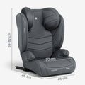 Cadeira auto KikkaBoo i-Stand cinzenta com dimensões indicadas: altura ajustável 59-82cm, largura 46cm, profundidade 45cm, assento 30cm.