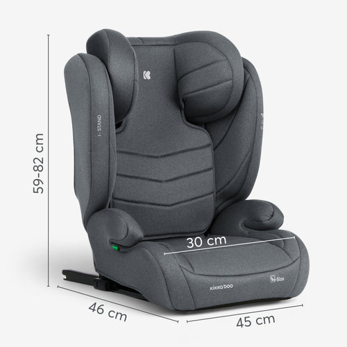 Cadeira auto KikkaBoo i-Stand cinzenta com dimensões indicadas: altura ajustável 59-82cm, largura 46cm, profundidade 45cm, assento 30cm.
