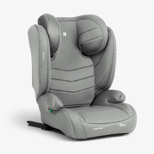 Cadeira auto KikkaBoo i-Stand cinzento claro, vista frontal, com almofada de cabeça ajustável e acolchoamento ergonómico.