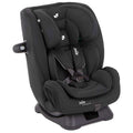 Cadeira auto Joie Every Stage R129 preta, vista frontal, instalada contra marcha (Rear-Facing) com arnês de 5 pontos, ideal para recém-nascidos (40cm).