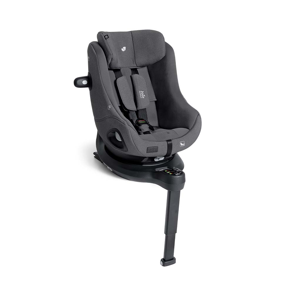 Cadeira auto Joie i-Harbour Signature cinzenta, com rotação 360º ativada, montada na base i-Base Encore, vista em ângulo.