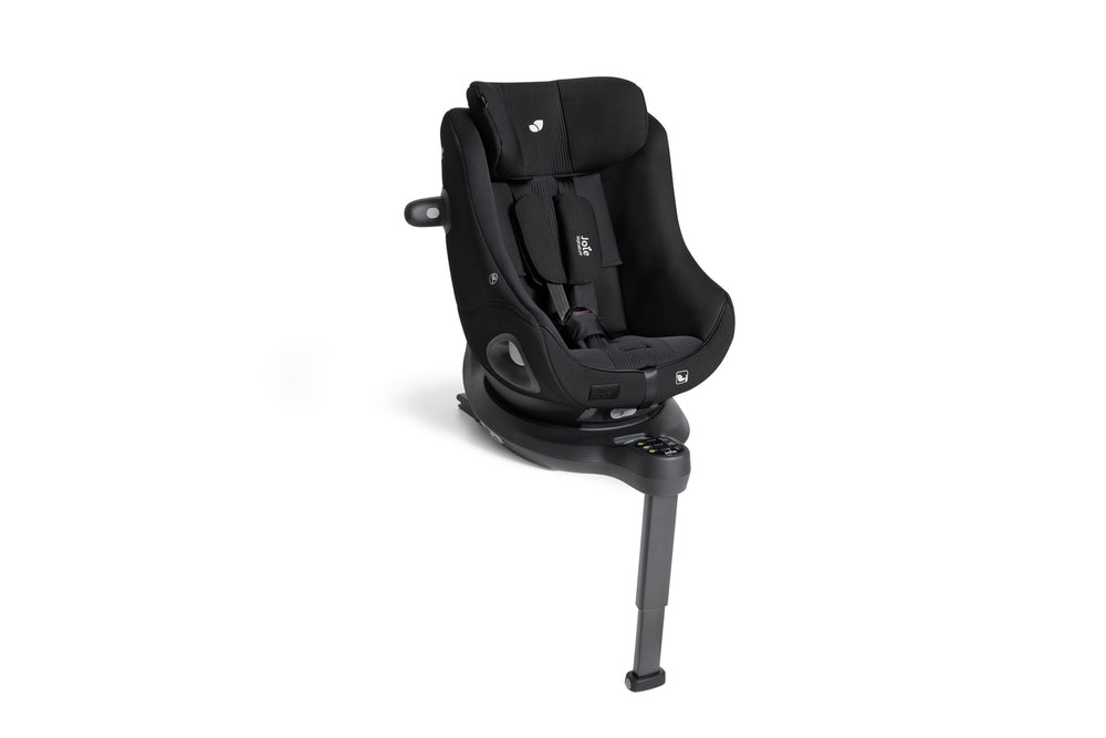 Cadeira auto Joie i-Harbour Signature E preta, vista frontal, com arnês de 5 pontos e base de rotação 360º.