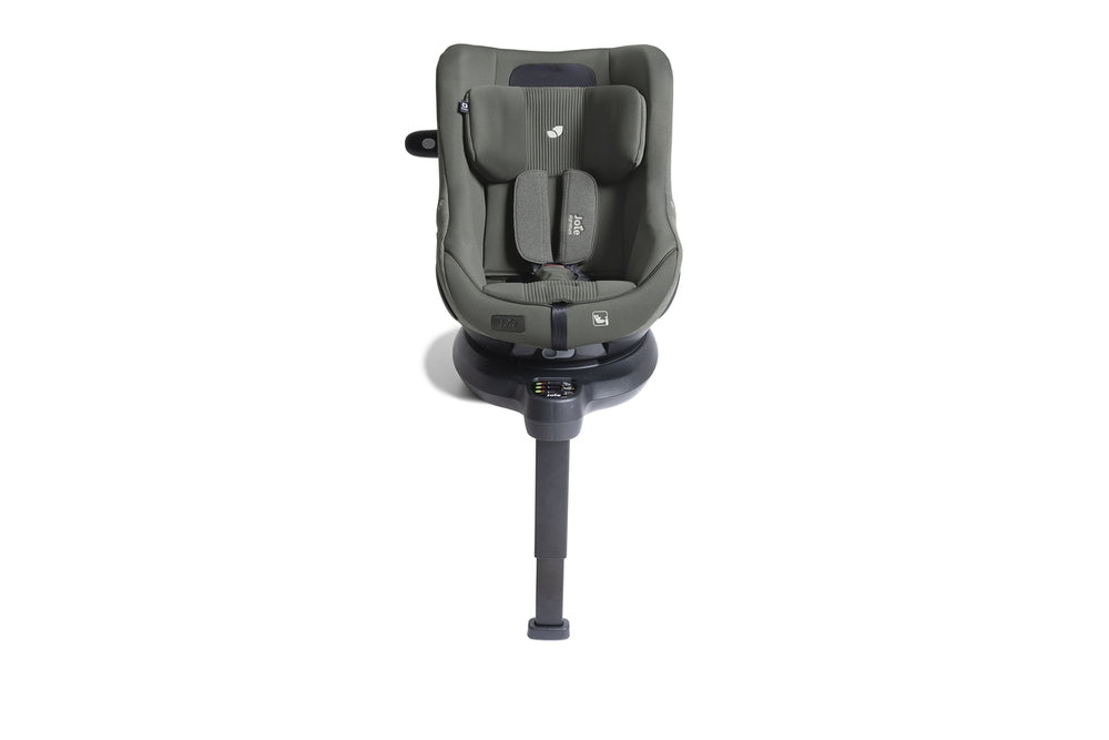 Cadeira auto Joie i-Harbour Signature E verde-escura, vista frontal, com arnês de 5 pontos e base Isofix com perna de apoio.