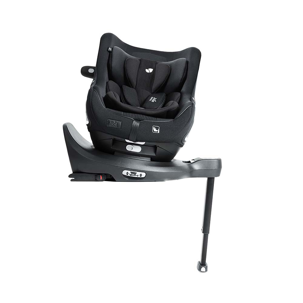 Cadeira auto Joie i-Harbour Signature em posição vertical, destacando a parte traseira do assento e a perna de apoio da base Isofix.
