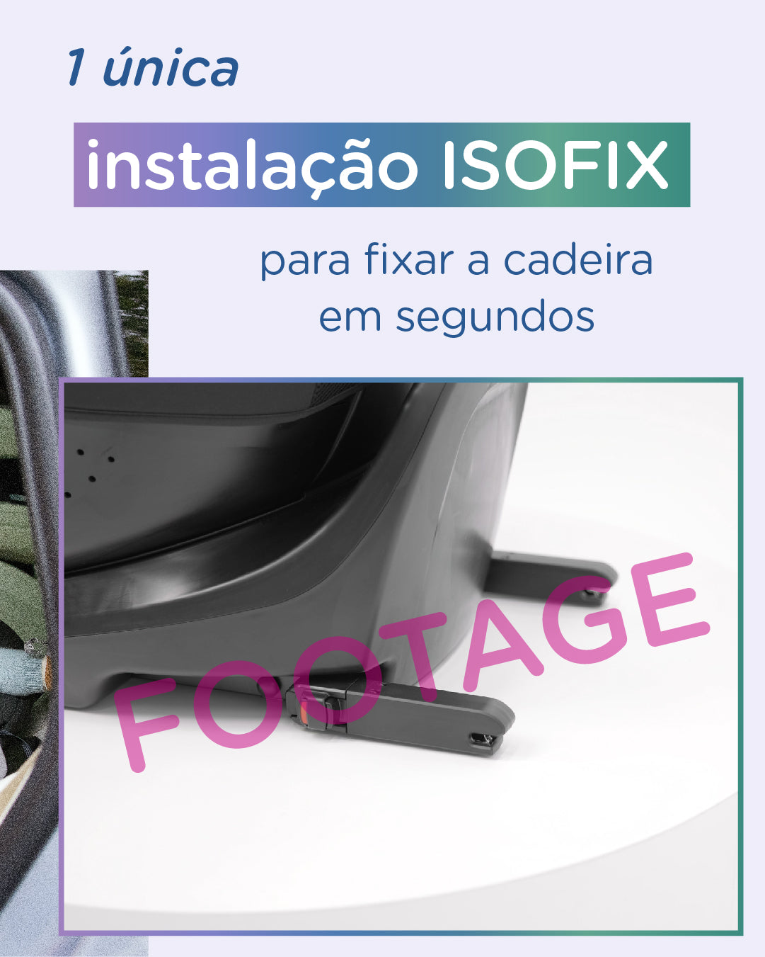 Detalhe da base da cadeira auto Joie i-Pivot 360, mostrando o conector ISOFIX, ilustrando a "1 única instalação ISOFIX" para fixação rápida.