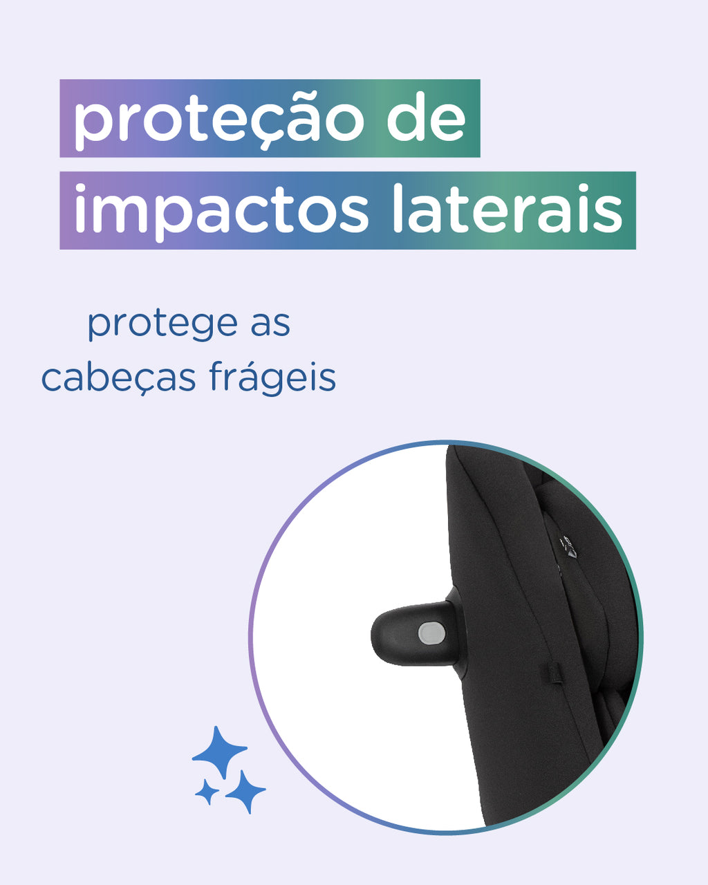 Foco no apoio de cabeça da cadeira auto Joie i-Pivot 360, ilustrando o painel de proteção de impactos laterais que protege as cabeças frágeis.