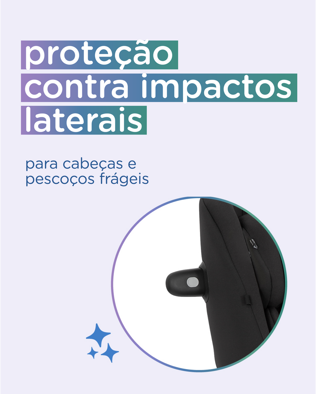Detalhe da proteção lateral da cadeira auto Joie i-Pivot 360, com texto a realçar a proteção contra impactos laterais para cabeças e pescoços frágeis.
