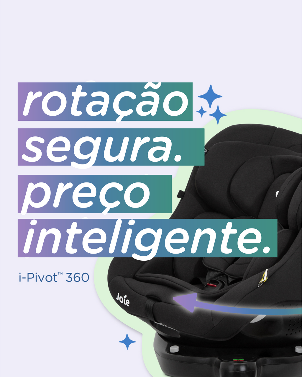 Imagem promocional da cadeira auto Joie i-Pivot 360 preta, destacando as características de rotação segura e preço inteligente com setas e texto em destaque.