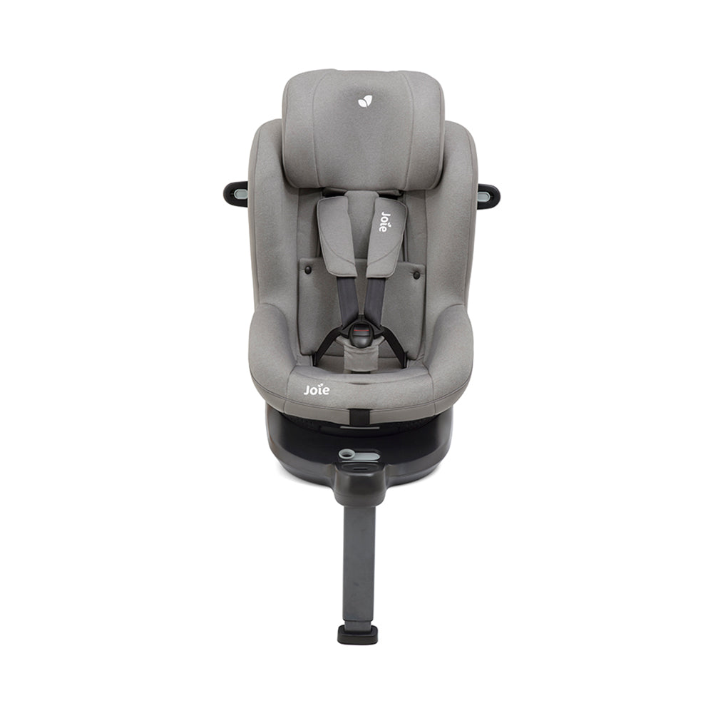 Close-up do painel de controlo da base da cadeira auto Joie i-Spin 360, mostrando indicadores de instalação correta e o botão de ativação da rotação.