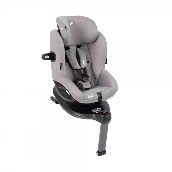 Detalhe da base ISOFIX da cadeira Joie i-Spin 360 E com perna de apoio totalmente estendida, mostrando a instalação segura.
