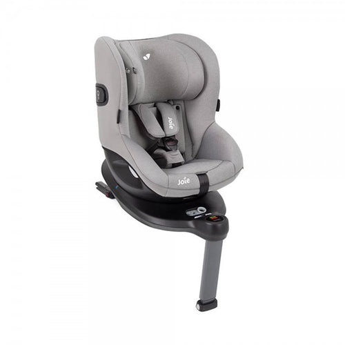 Cadeira auto Joie i-Spin 360 E, cor cinzento escuro, vista frontal em ângulo, instalada contra a marcha com base ISOFIX.