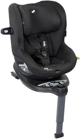 Cadeira auto Joie i-Spin 360 E (sem redutores) em cor preta/cinza, destacando a ventilação lateral e o tecido de alta qualidade.