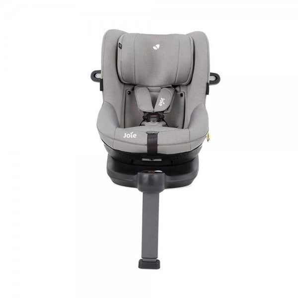 Cadeira auto Joie i-Spin 360 E, cor cinza, vista lateral mostrando a rotação 360º e a perna de apoio ISOFIX.