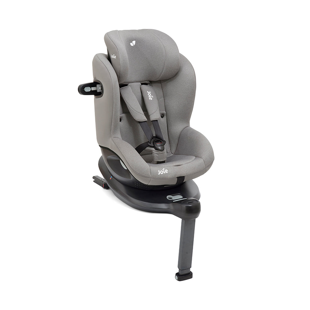 Imagem principal da cadeira auto Joie i-Spin 360 em cor escura, vista frontal, mostrando a rotação 360º e o assento pronto para uso contra a marcha.