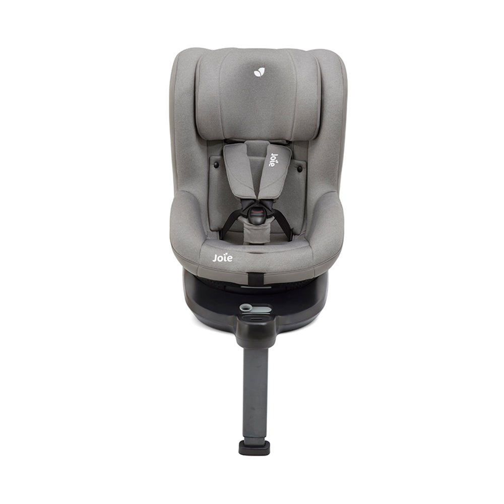 Vista lateral da cadeira auto Joie i-Spin 360, destacando a rotação de 360 graus e o assento ajustável em várias posições de reclinação.