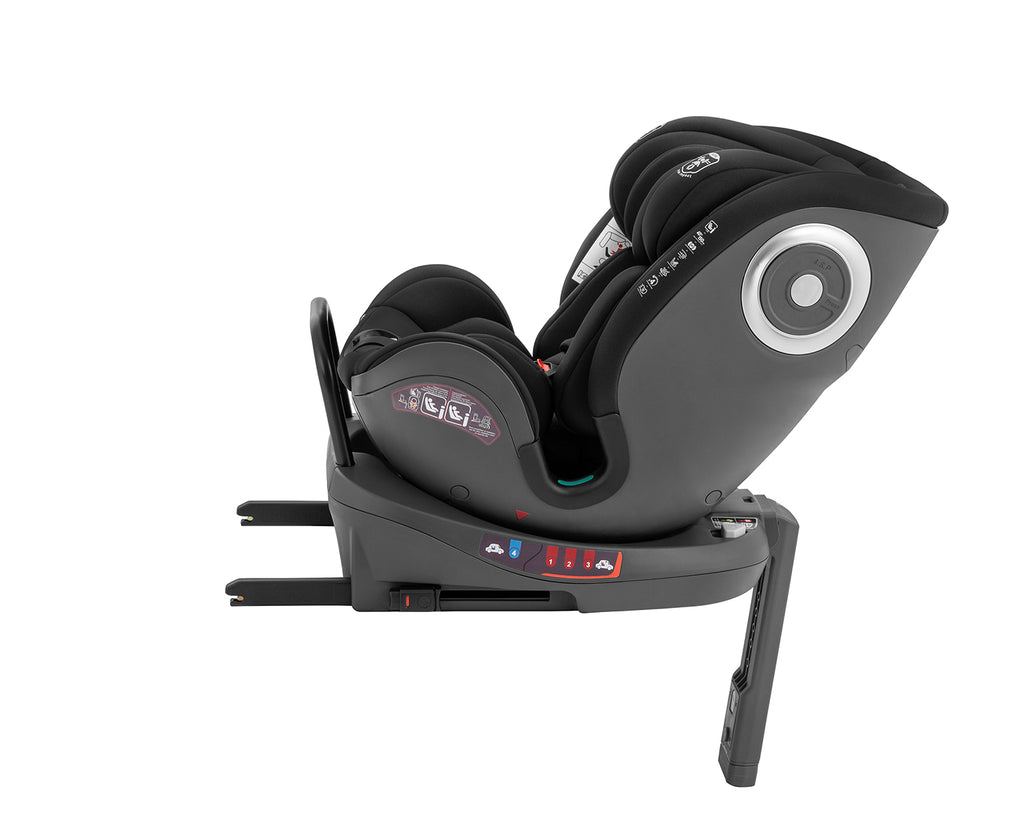 Base da cadeira auto Kikkaboo i-Conic com rotação 360º visível, destacando os indicadores de instalação e os braços ISOFIX.