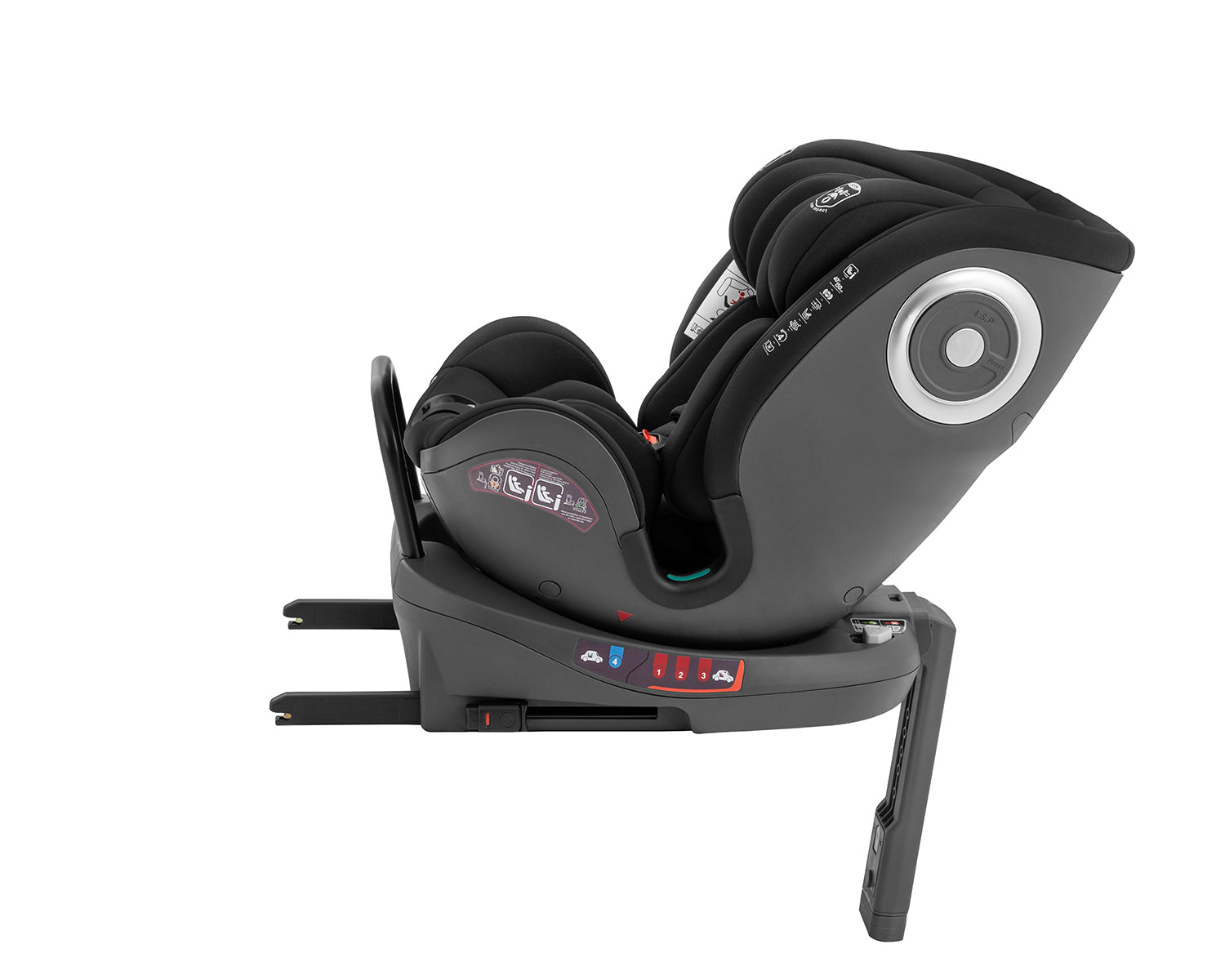 Base da cadeira auto Kikkaboo i-Conic com rotação 360º visível, destacando os indicadores de instalação e os braços ISOFIX.