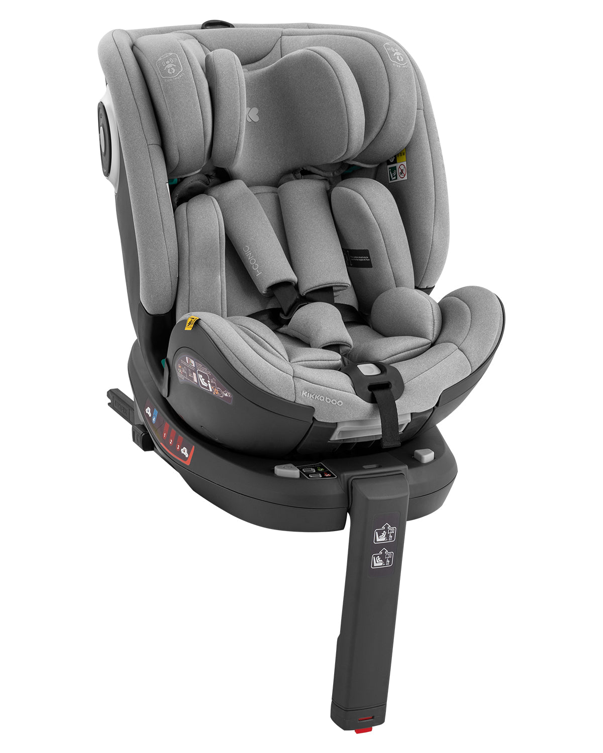 Cadeira auto Kikkaboo i-Conic cinzento claro, vista frontal, destacando o apoio de cabeça ajustável e o redutor de recém-nascido.