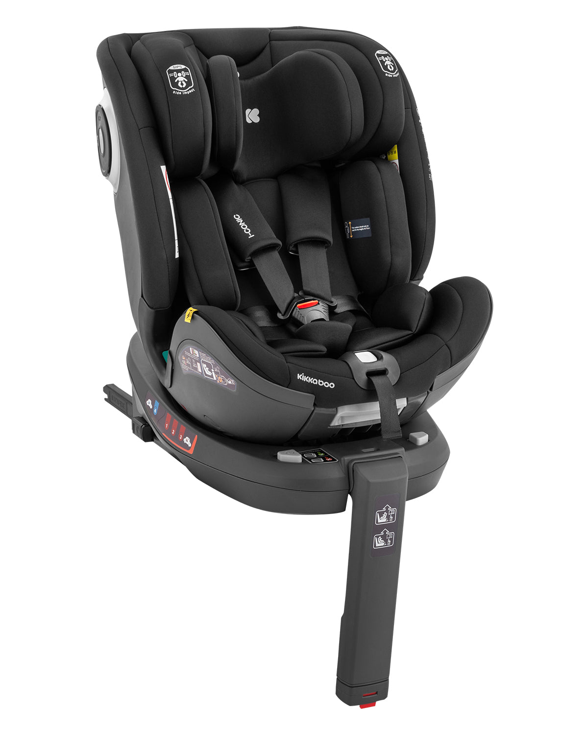Cadeira auto Kikkaboo i-Conic preta, vista lateral, com arnês de 5 pontos e redutor, instalada com base ISOFIX e barra anti-retrocesso.