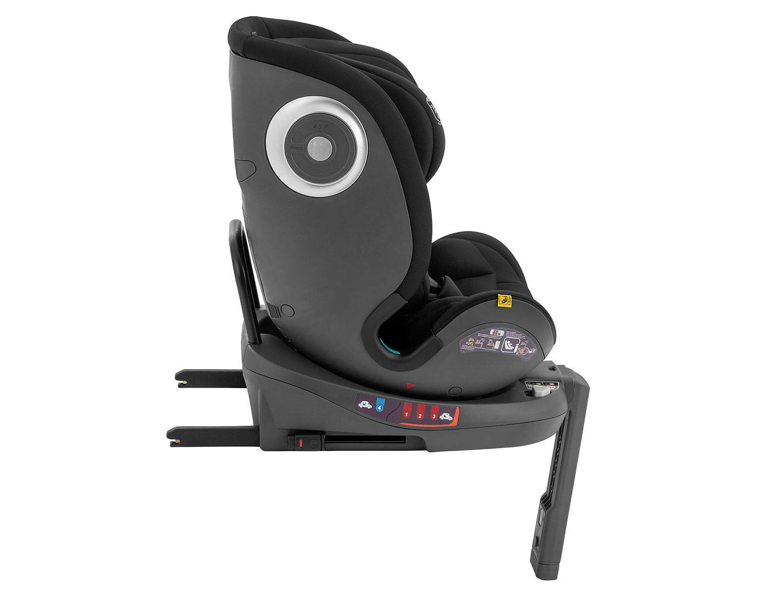 Vista lateral da cadeira auto Kikkaboo i-Conic preta, instalada em posição contra marcha, com barras ISOFIX visíveis e alavanca de ajuste da base.