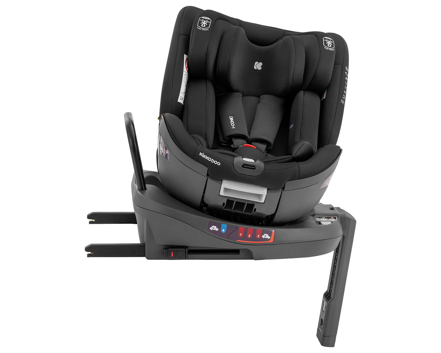 Cadeira auto Kikkaboo i-Conic preta, vista de ângulo superior, mostrando a base ISOFIX e a função de rotação 360º ativada.