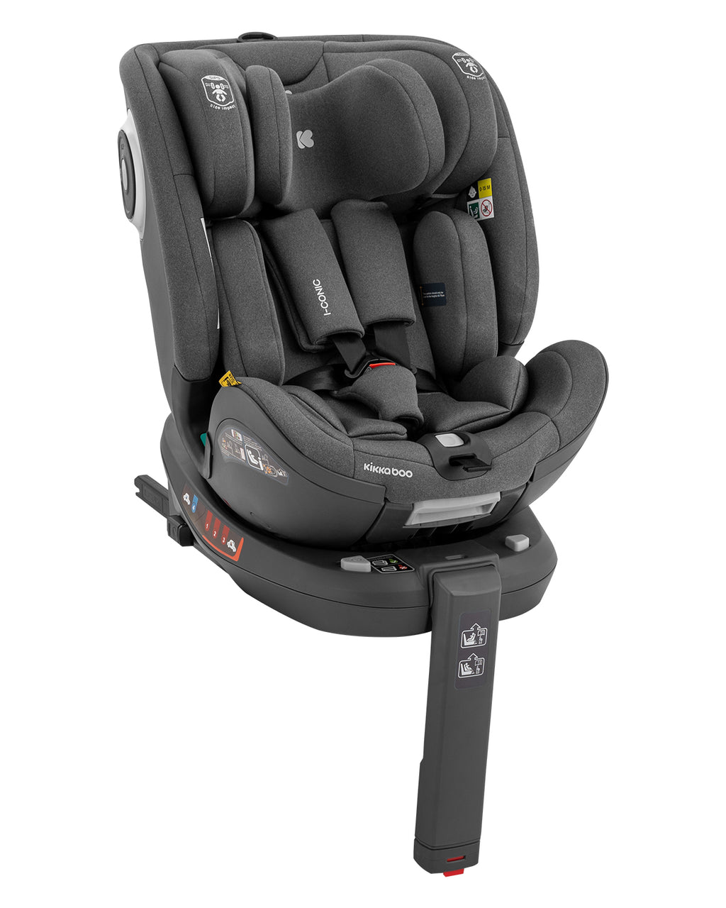 Cadeira auto Kikkaboo i-Conic cinzento escuro, rotativa 360º, com arnês de 5 pontos e redutor, pronta para instalação ISOFIX.
