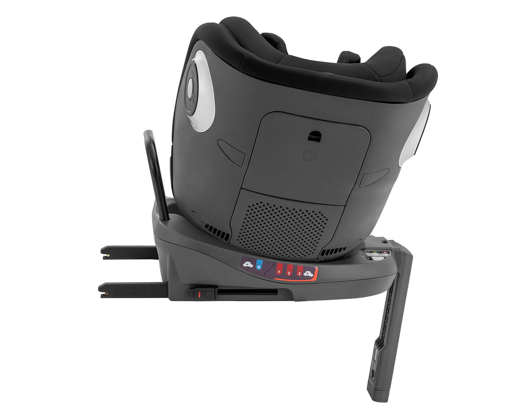 Vista traseira da base da cadeira auto Kikkaboo i-Conic, mostrando os conectores ISOFIX e os indicadores de posição de uso (40-150cm).