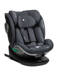 Cadeira auto Kikkaboo i-Drive antracite/cinza escura, vista em ângulo, destacando o design ergonómico e o sistema de rotação 360º.