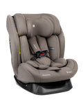Cadeira auto multigrupos Kikkaboo i-Explore na cor castanha/taupe, com redutor e arnês de 5 pontos, vista de um ângulo ligeiramente lateral.
