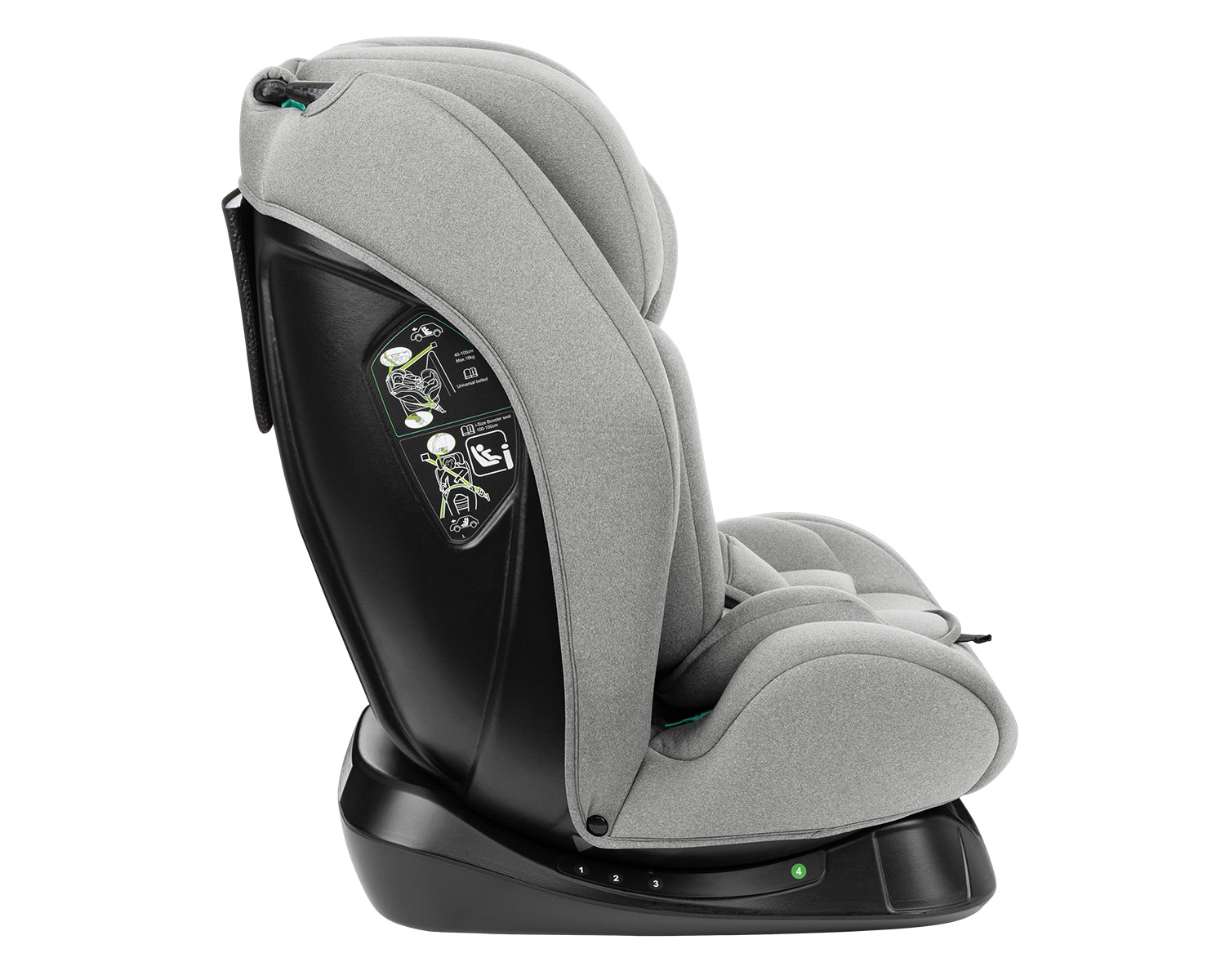 Cadeira auto Kikkaboo i-Explore cinzenta, vista de perfil, mostrando o encosto ajustável e os autocolantes de instruções de instalação na lateral preta.