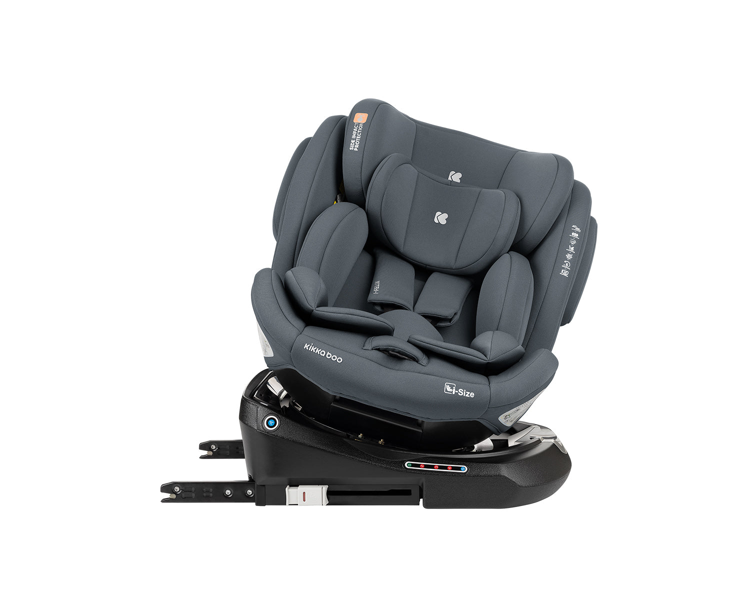 Cadeira auto Kikkaboo i-Felix 40-150, vista frontal inclinada, mostrando o assento acolchoado, arnês de 5 pontos e apoios laterais de proteção SPS.