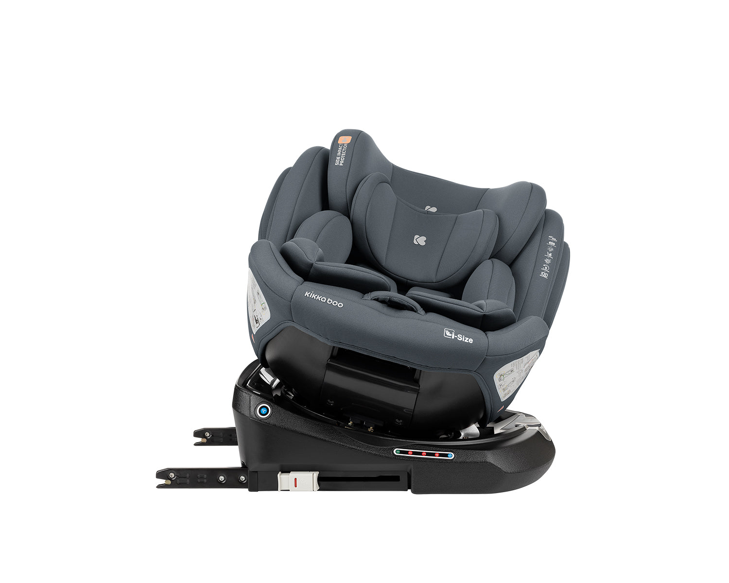 Cadeira auto Kikkaboo i-Felix 40-150, vista frontal ligeiramente inclinada, destacando o logótipo Kikkaboo, certificação i-Size e ajustes de cabeça.