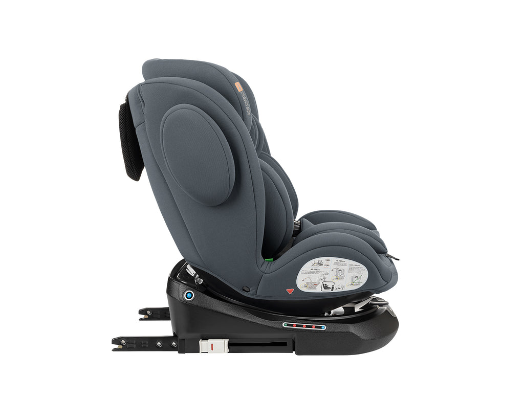 Cadeira auto Kikkaboo i-Felix 40-150 cinzenta, perfil lateral, evidenciando o apoio de cabeça ajustável e a estrutura ergonómica.
