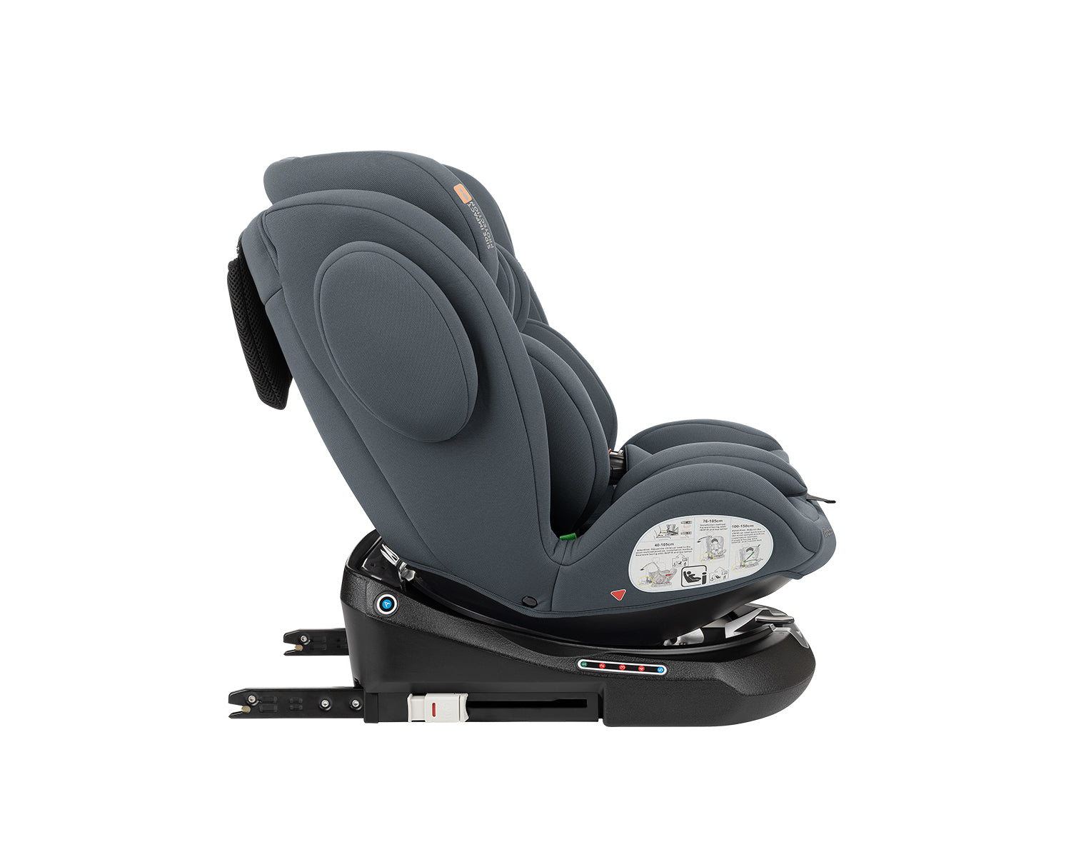 Cadeira auto Kikkaboo i-Felix 40-150 cinzenta, vista lateral completa, mostrando a rotação 360 graus e o design compacto da base.