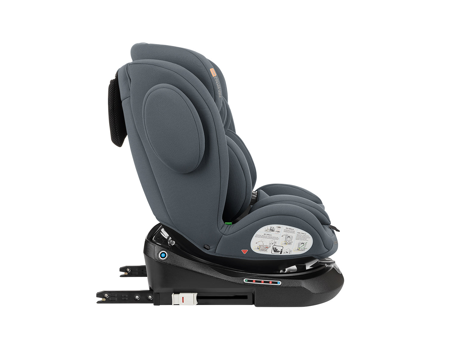 Cadeira auto Kikkaboo i-Felix 40-150 cinzenta, vista lateral, com detalhes do sistema ISOFIX e indicadores de instalação na base.