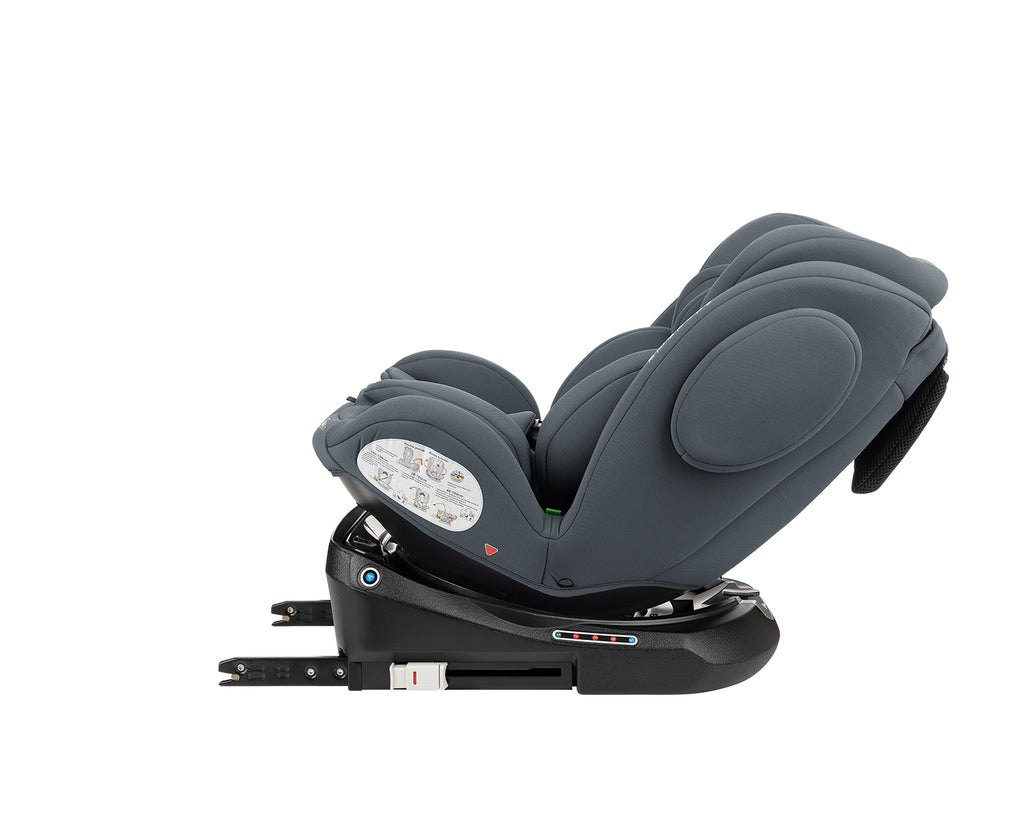Cadeira auto Kikkaboo i-Felix 40-150 cinzenta, vista lateral, em posição reclinada, mostrando a base ISOFIX.