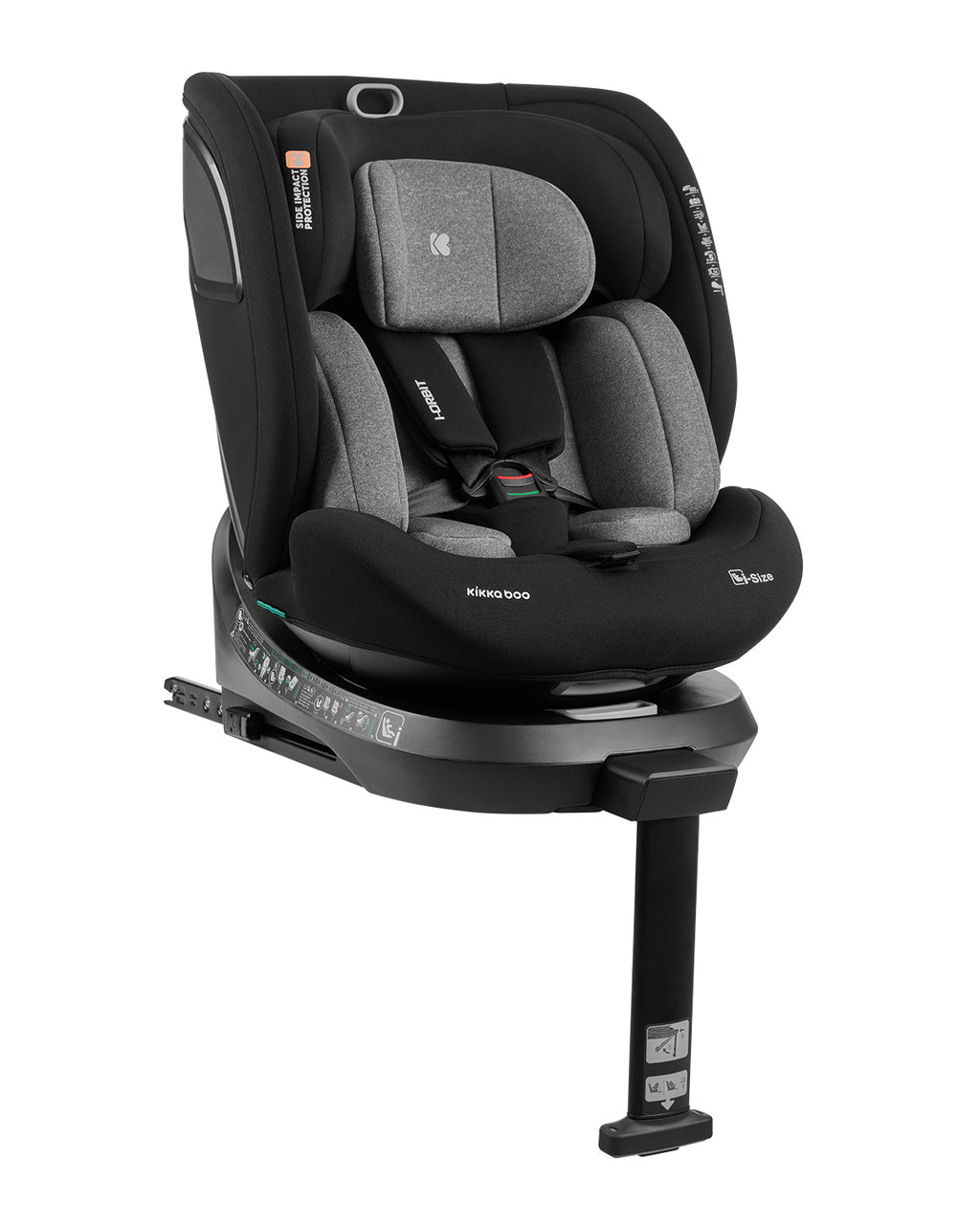Cadeira auto Kikkaboo i-Orbit 40-150cm em preto e cinza, vista em ângulo, com base ISOFIX e perna de apoio.