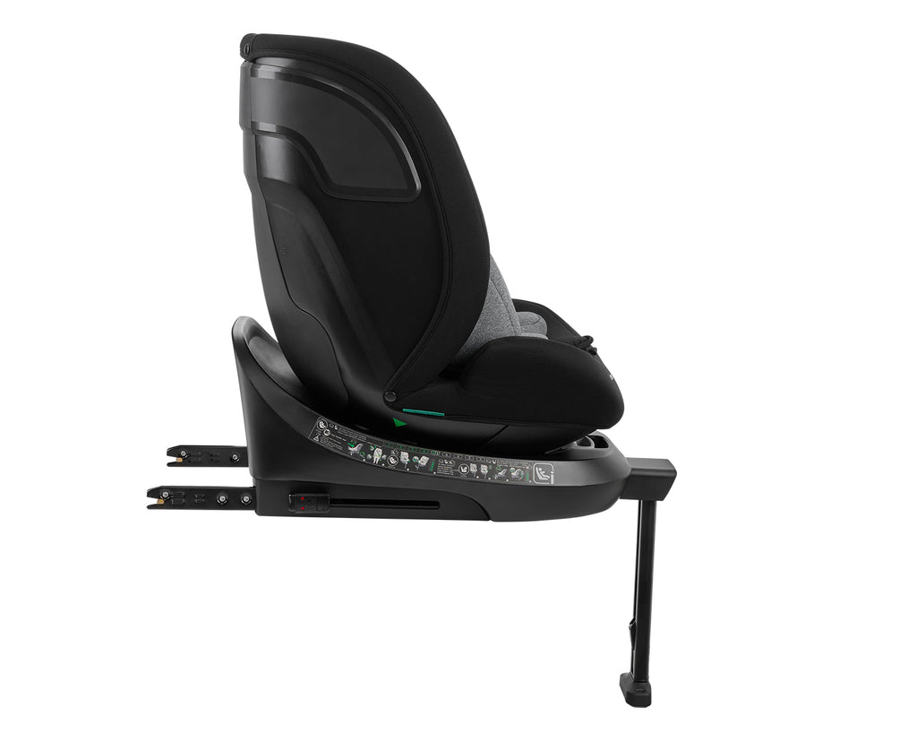 Vista lateral da base da cadeira auto Kikkaboo i-Orbit, mostrando a extensão do ISOFIX e a perna de apoio totalmente estendida.