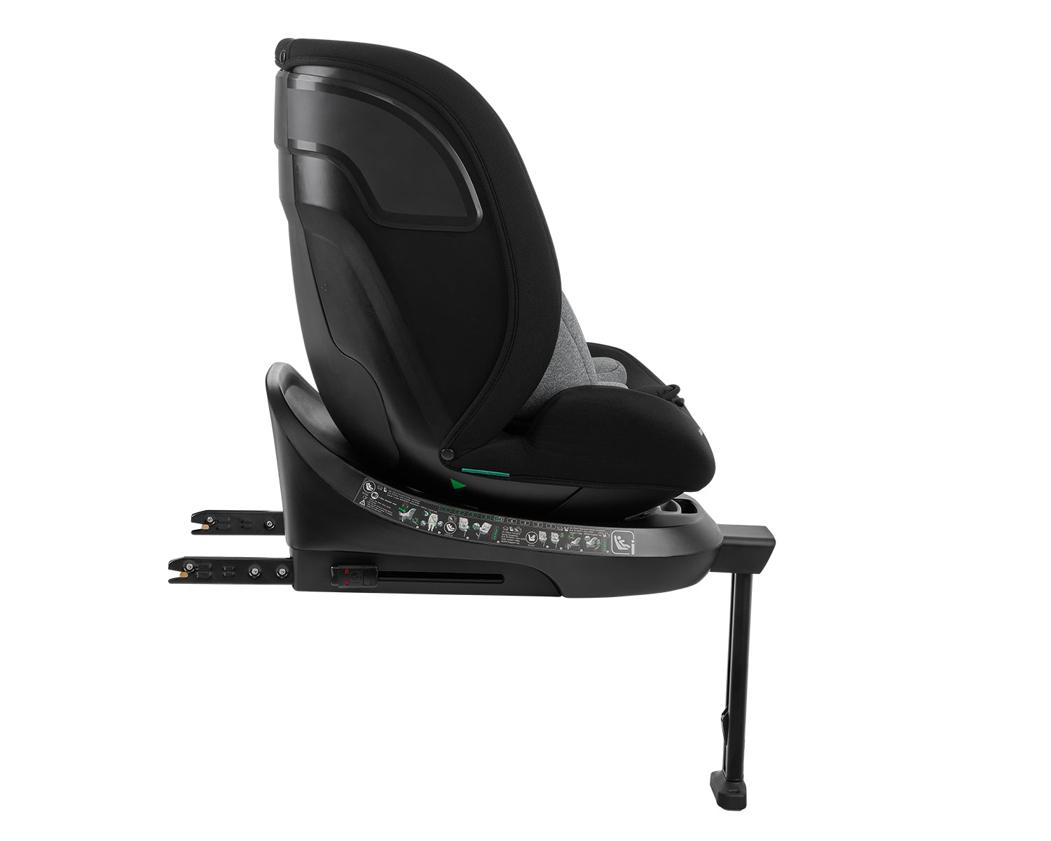 Vista lateral da base da cadeira auto Kikkaboo i-Orbit, mostrando a extensão do ISOFIX e a perna de apoio totalmente estendida.