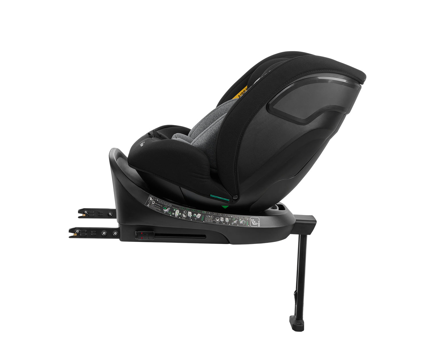 Cadeira auto Kikkaboo i-Orbit preta, vista lateralmente, instalada com ISOFIX e perna de apoio, inclinada para trás. (Imagem idêntica à 1)