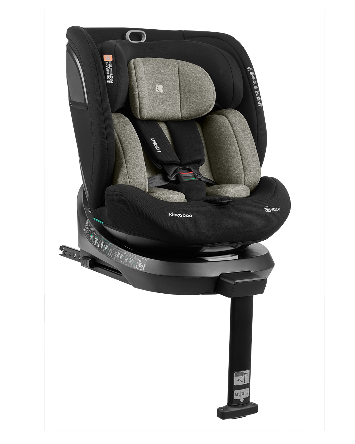 Cadeira auto Kikkaboo i-Orbit com redutor interior em tom verde-azeitona/cáqui, mostrando a versatilidade de cores e o sistema de proteção lateral.