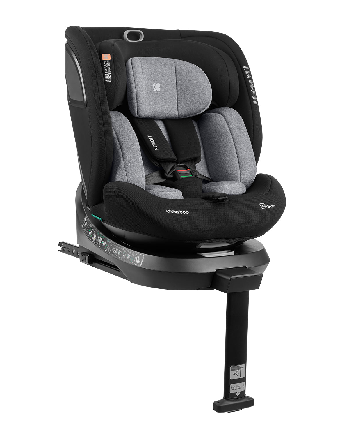 Cadeira auto Kikkaboo i-Orbit, vista frontal, destacando o apoio de cabeça ajustável e o tecido cinzento dos redutores internos.