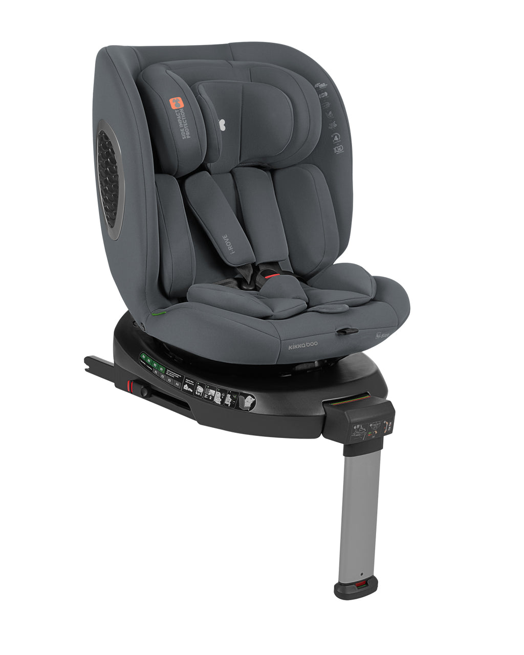 Cadeira auto Kikkaboo i-Rove cinzento escuro, vista lateral, mostrando a base ISOFIX, a perna de apoio e o sistema de rotação 360º.