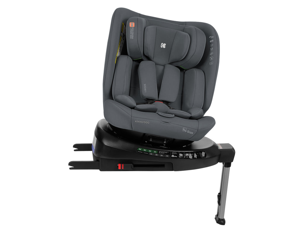 Cadeira auto Kikkaboo i-Rove cinzenta com rotação 360º, vista frontal, mostrando arnês e base ISOFIX com perna de apoio.