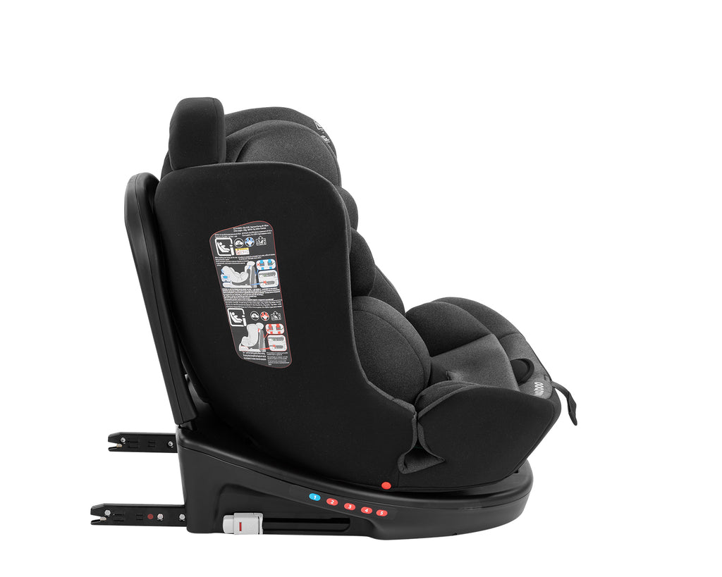 Cadeira auto Kikkaboo i-Safe de lado, focando nos indicadores de instalação e nos autocolantes de instruções na lateral.