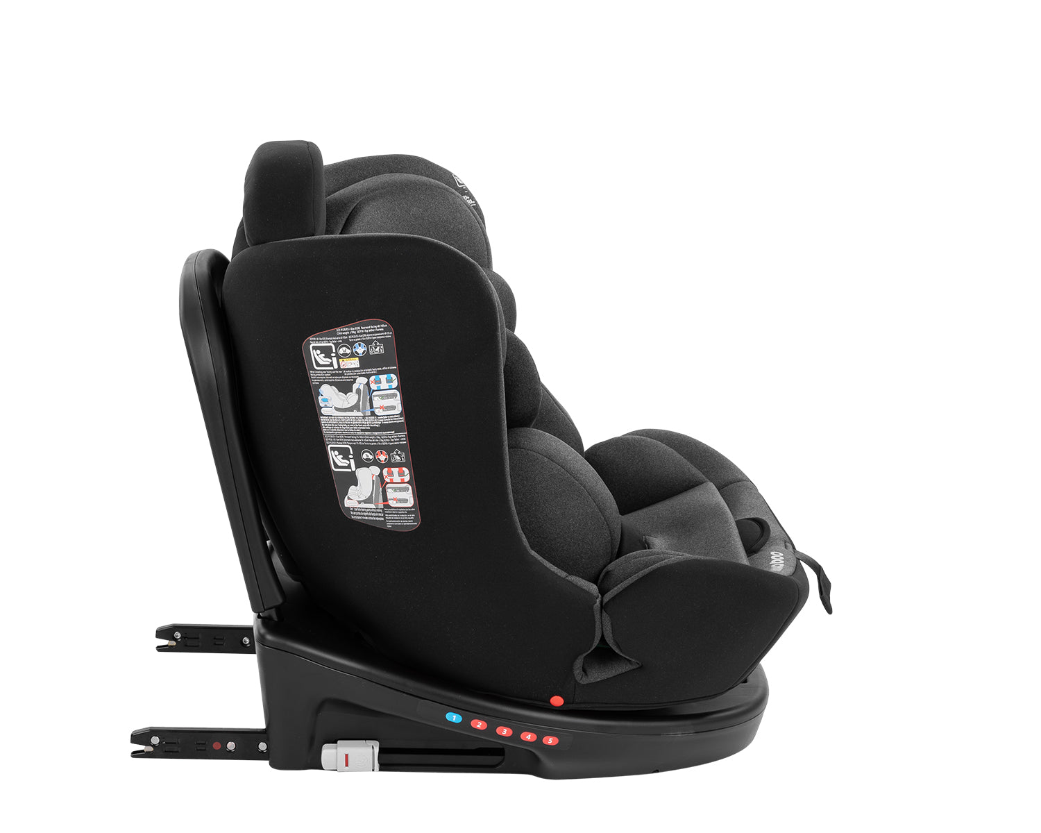 Cadeira auto Kikkaboo i-Safe de lado, focando nos indicadores de instalação e nos autocolantes de instruções na lateral.